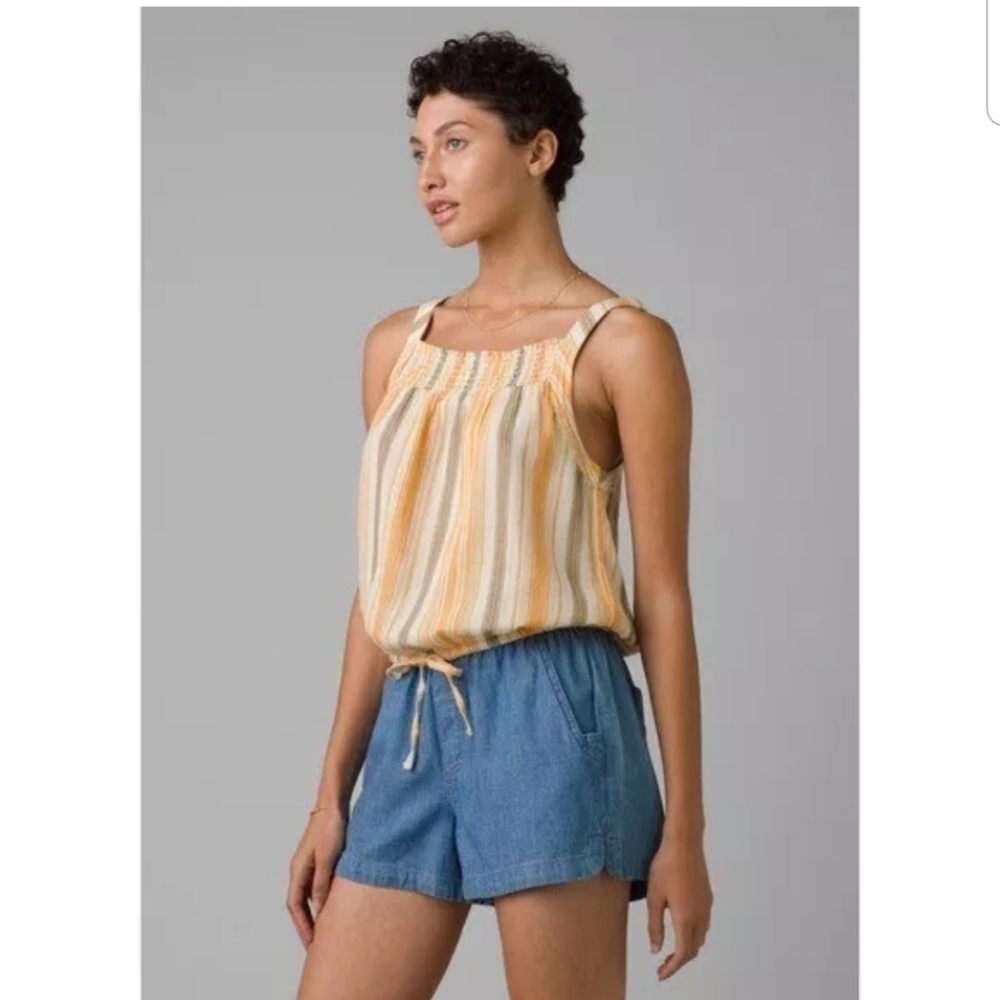 PrAna Little Palm golden hour striped cami tank top tie waist yellow cream M med